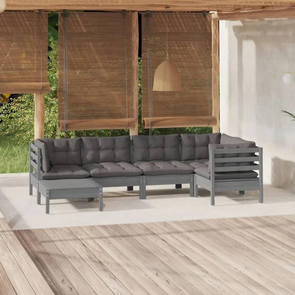 6 pcs conjunto lounge de jardim + almofadões pinho maciço cinza