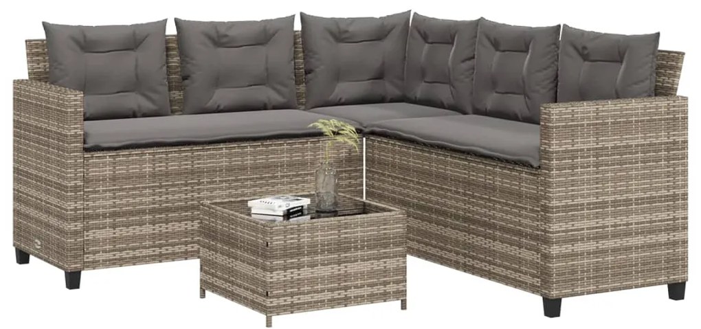 vidaXL Sofá de jardim forma de L c/ mesa e almofadões vime PE cinzento