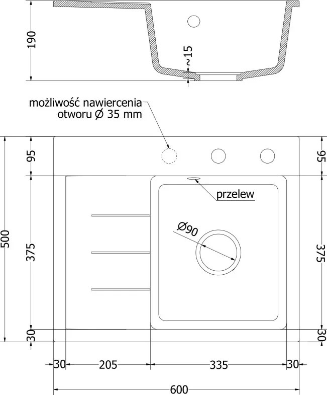 Mexen Ben lava-louça de granito 1-cuba com escorredor, direito 600 x 500 mm, branco, sifão cromado - 6523605000-20