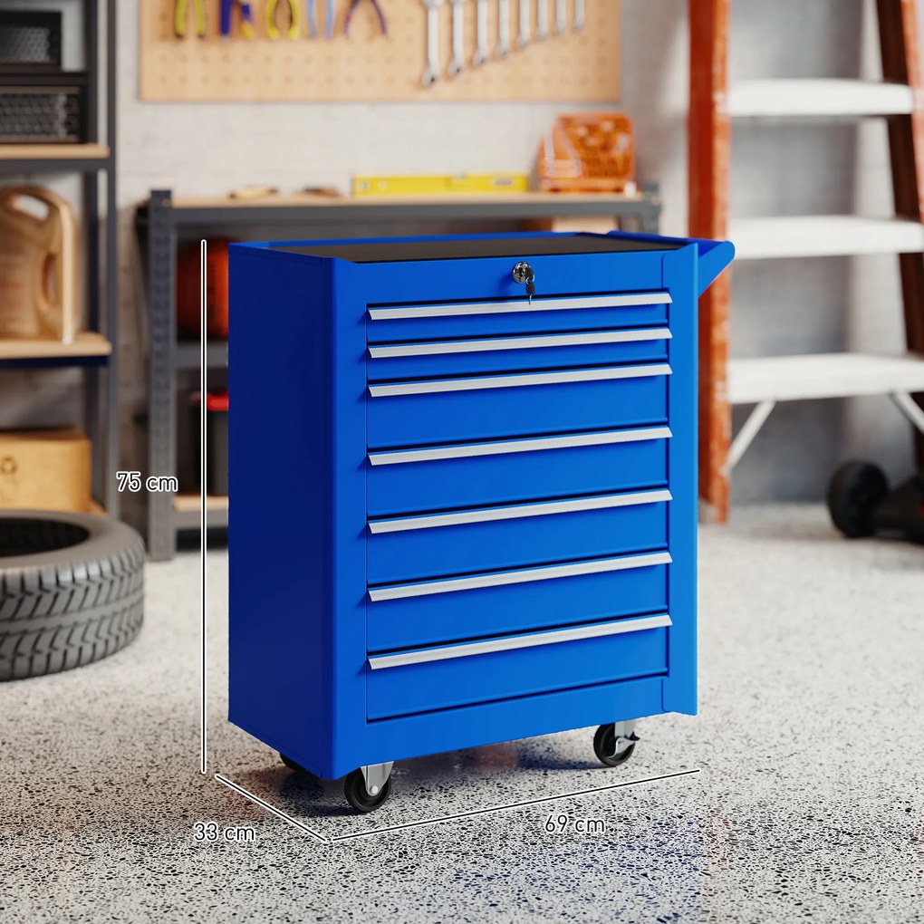 Carrinho de Ferramentas com 7 Gavetas Carrinho de Oficina com Fechadura Pega 2 Rodas com Travão 69x33x75 cm Azul