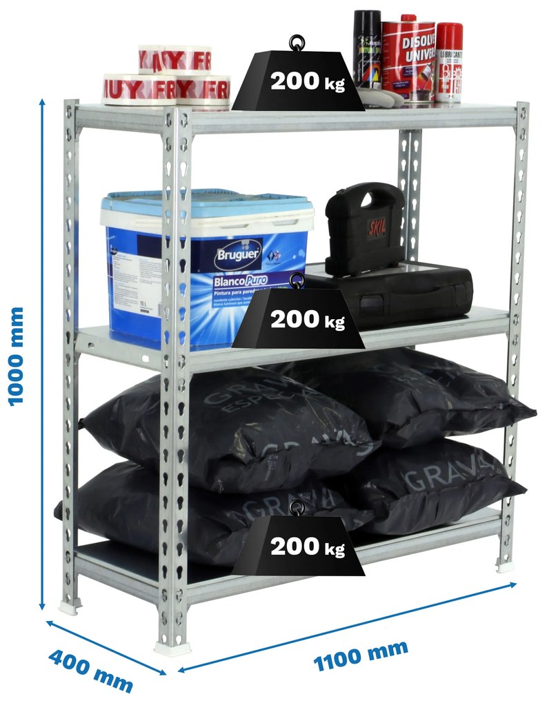 Estante com 3 Prateleiras METÁLICA SIMONCLICK SUPERPLUS 3/400 1000 GALVANIZADA/GALVANIZADA Capacidade P/ prateleira 200 Kg Dimensões 1000x1100x400 mm