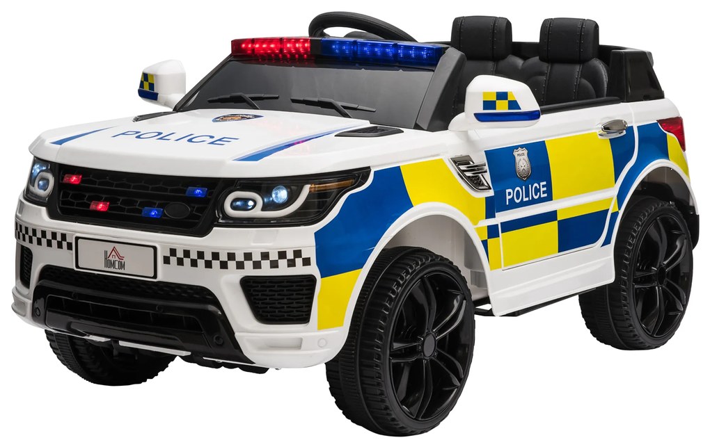 HOMCOM Carro Elétrico para Crianças Carro Elétrico Infantil de Policia 12V com Bluetooth USB Luz Sirene 110x68x52 cm  Branco