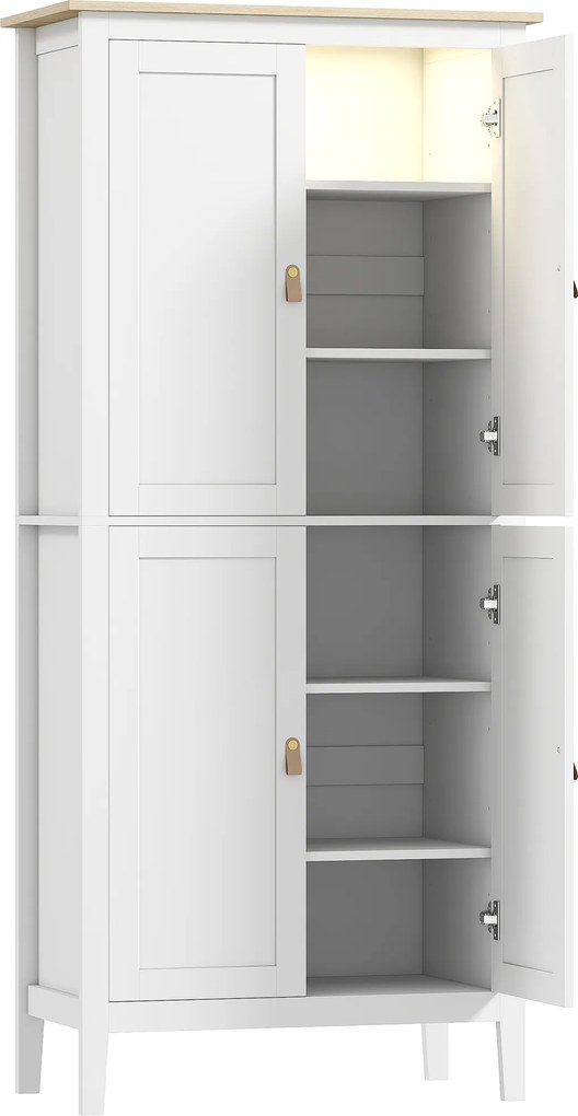 HOMCOM Armário de Cozinha com Luz LED Sensor de Movimento Móvel Auxiliar de Cozinha com Iluminação Regulável em 3 Cores 4 Portas e Prateleiras Ajustáveis 80x40x176,5 cm Branco | Aosom Portugal