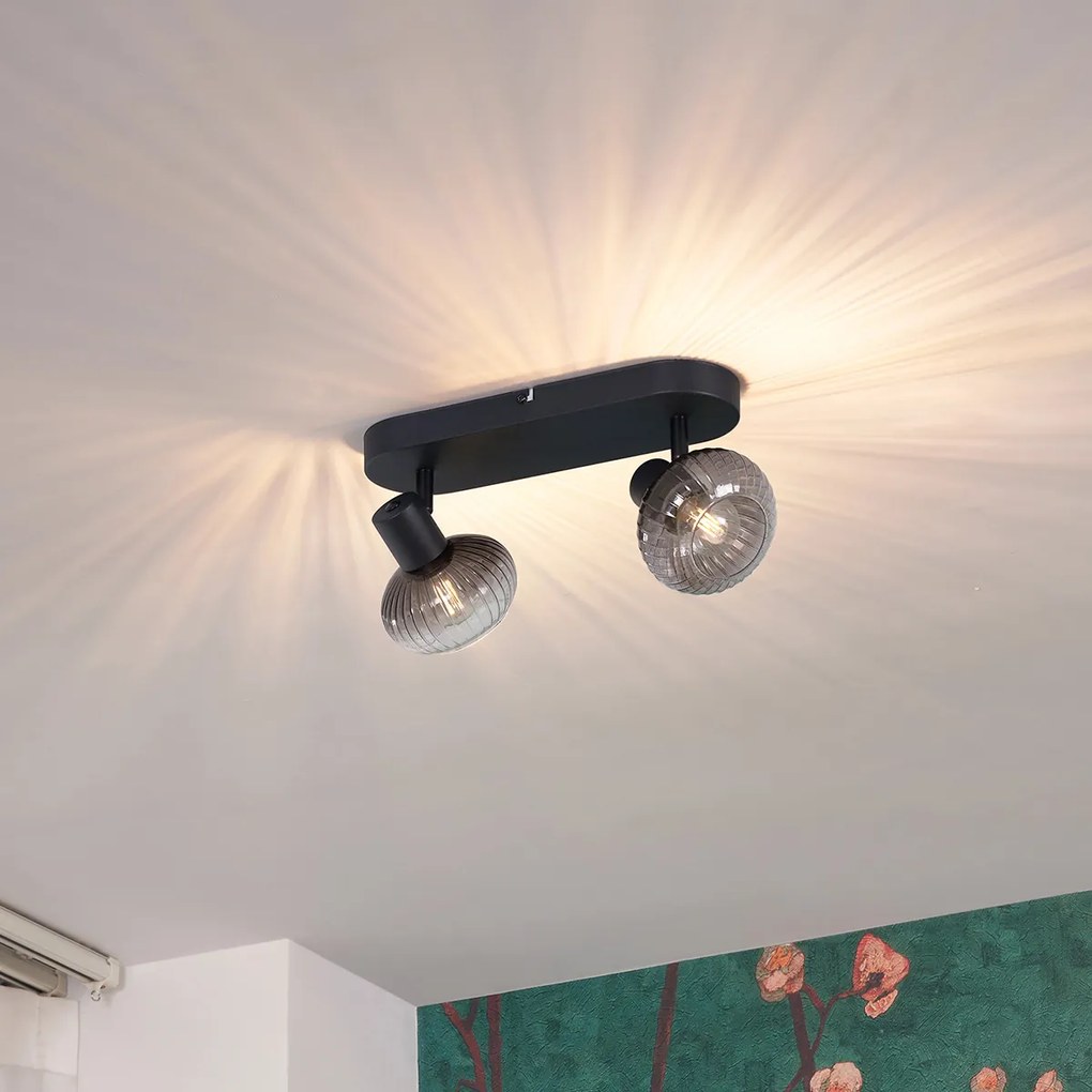 Foco de teto arredondado preto com vidro fumê 2 luzes - Teddy