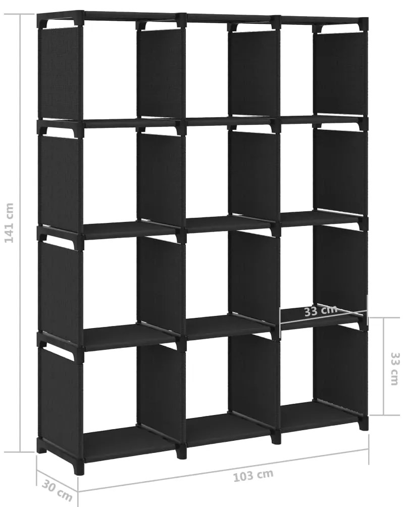 Unidade de prateleiras 12 cubos 103x30x141 cm tecido preto