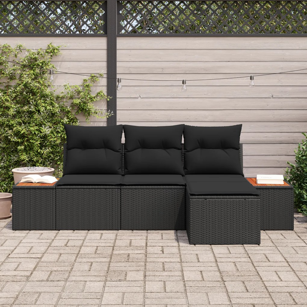 Conjunto de Sofá de Jardim vidaXL de 4 Peças com Almofadas Preto Polir