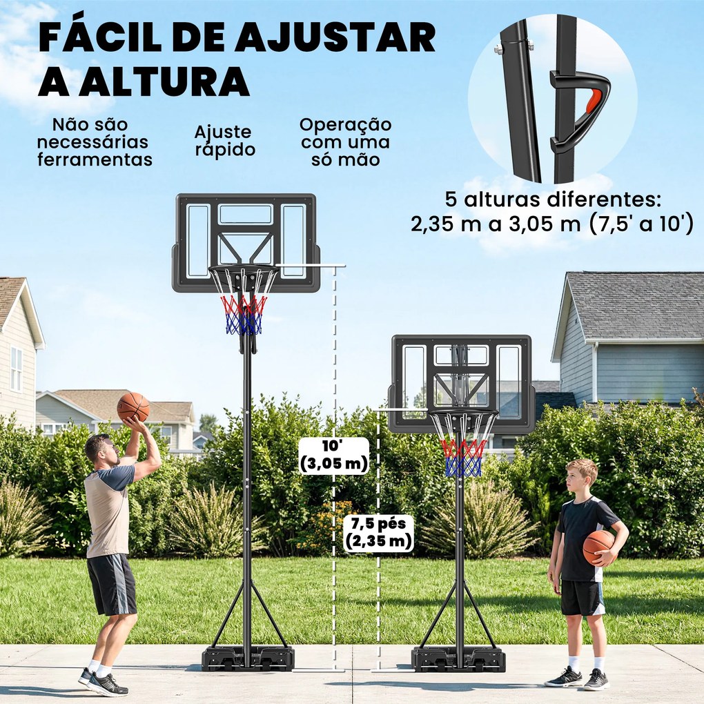 Tabela de Basquetebol para Exterior com Rodas, Altura Ajustável (2,35-3,05 m), Base Preenchível e Bolsa de Peso, Cor Preto