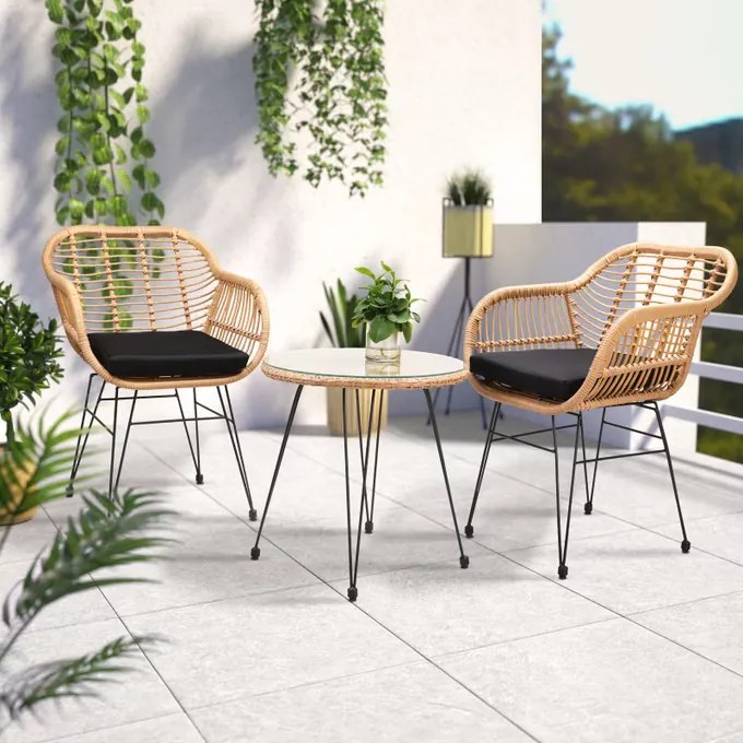 Conjunto de jardim em polyrattan com 3 peças Bali natural/preto