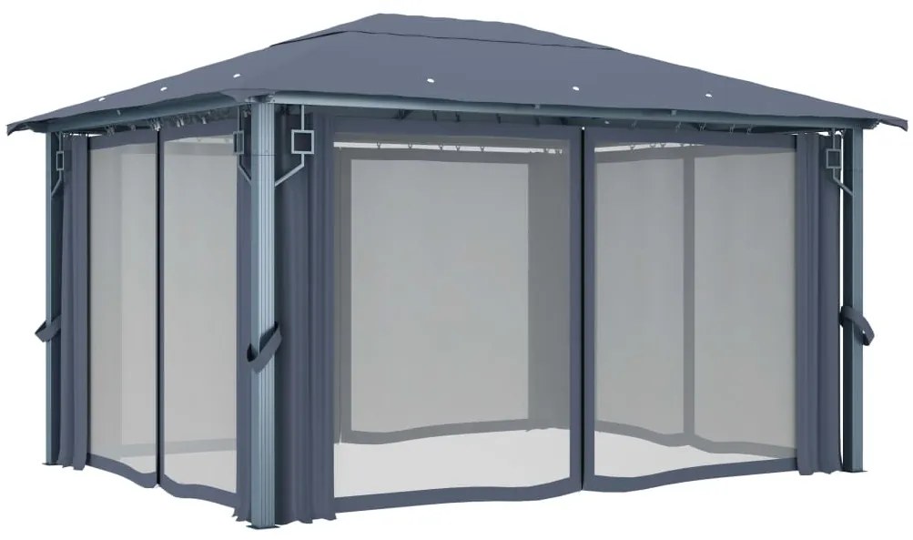 Gazebo c/ cortinas e cordões luzes LED 4x3 m alumínio antracite