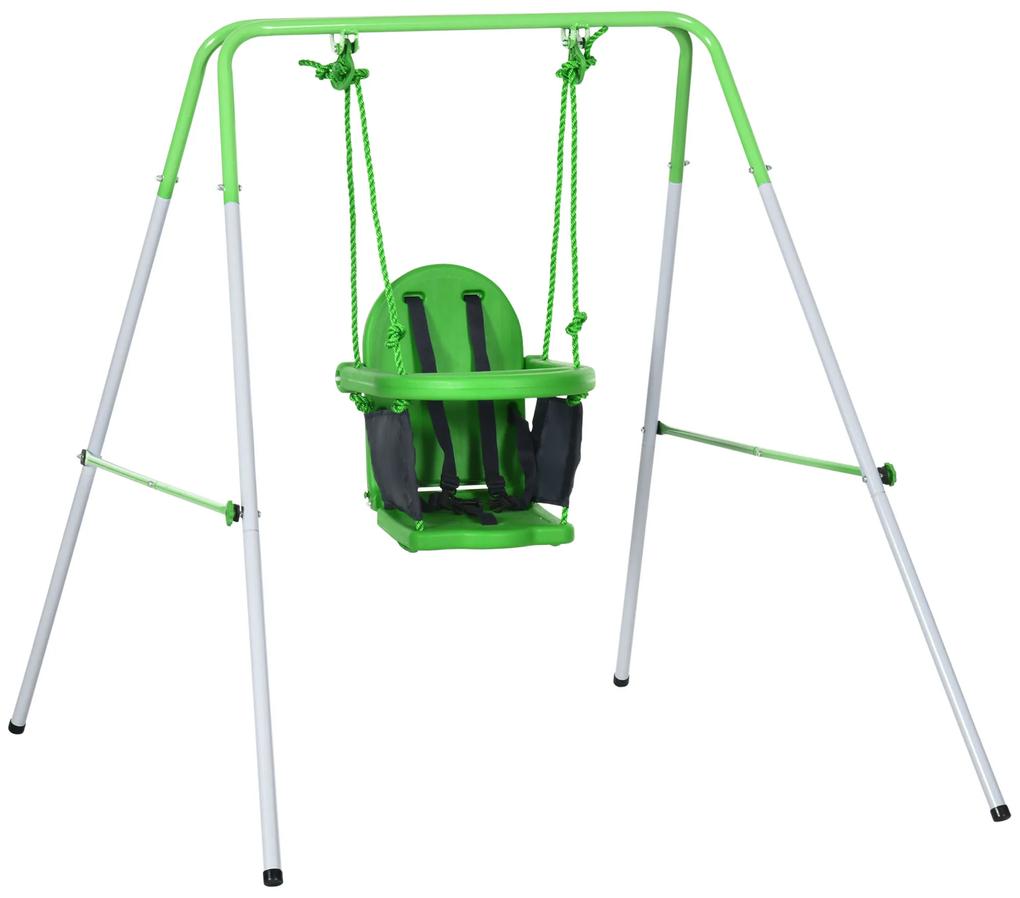 Outsunny Baloiço Infantil de Aço Baloiço para Crianças de 6-36 Meses com Encosto Alto e Arnês de Segurança para Interior e Exterior Carga Máxima 25 kg 122x146x122 cm Verde