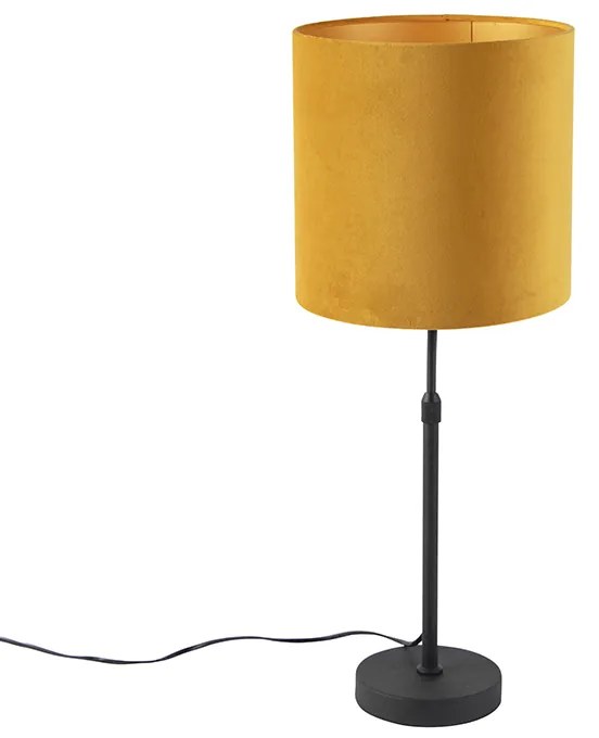 Candeeiro de mesa preto com cúpula em veludo amarelo com dourado 25 cm - Parte Country / Rústico