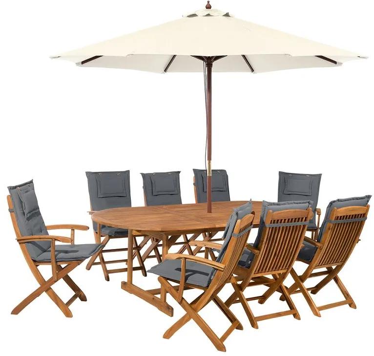 Conjunto de jardim com mesa 8 e cadeiras com almofadas grafite mais guarda-sol creme MAUI Beliani
