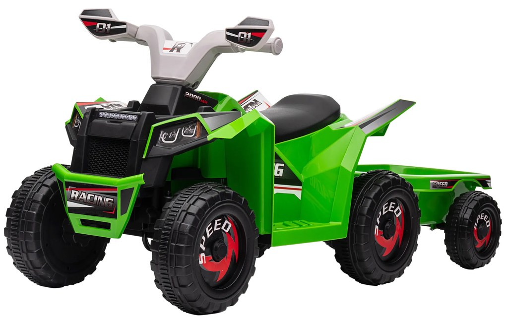 Moto 4 Elétrica para Crianças com Reboque Bateria 6V de 18-36 Meses com Velocidade 2,5 km/h 106x41,5x48,5 cm Verde