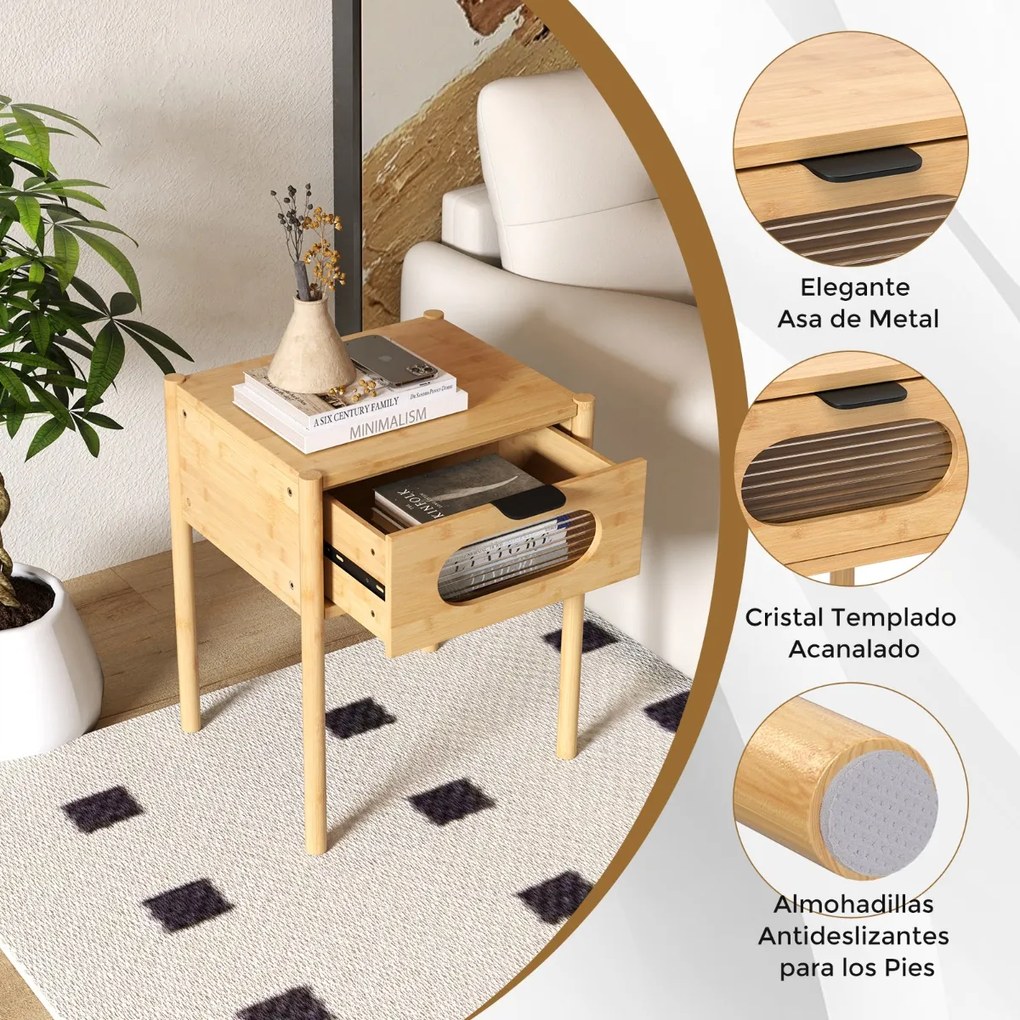 Conjunto de 2 mesas de cabeceira 40 x 40 x 50,5 cm em bambu, estilo rústico, com gaveta e vidro temperado. Mesa auxiliar para quarto, em tom natural