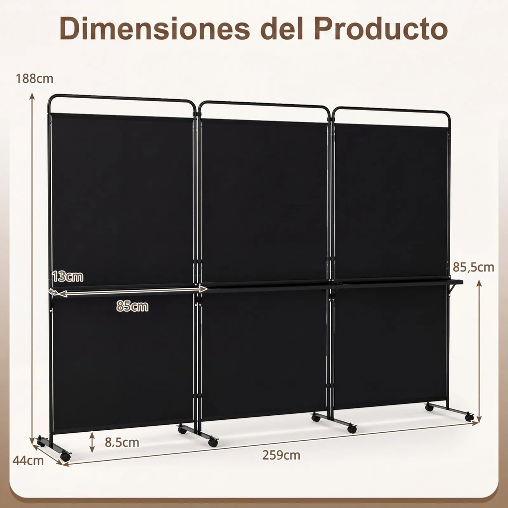 Biombo Dobrável de 3 Painéis, 259 x 44 x 188 cm, Com Rodas Bloqueáveis, Preto