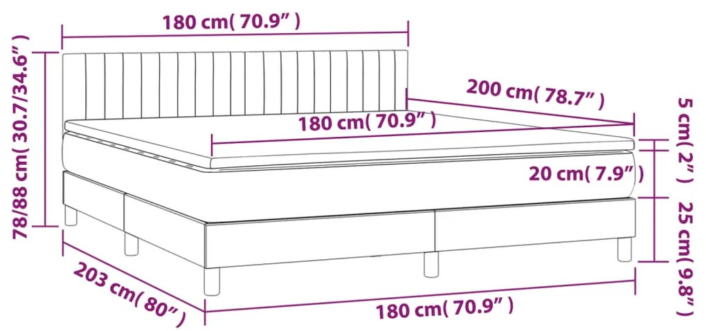 Cama box spring c/ colchão e LED 180x200 cm tecido azul