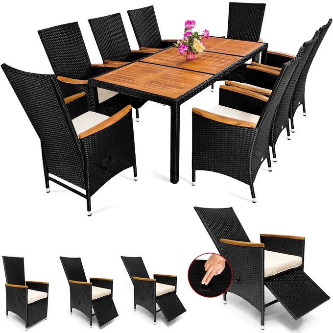 Conjunto de jardim em Polyrattan Rio com 1 Mesa e 8 Cadeiras preto