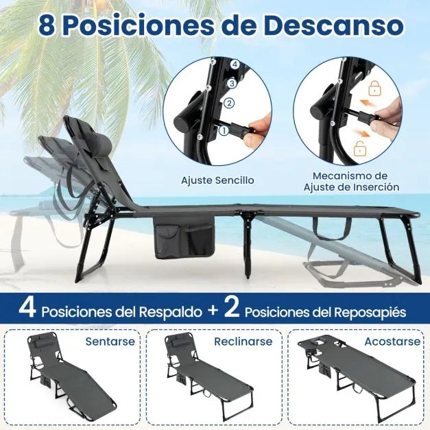 Espreguiçadeira dobrável para exterior, reclinável, com orifícios, apoio para o rosto, braços e encosto ajustável, bolsos, portátil, para praia e pisc