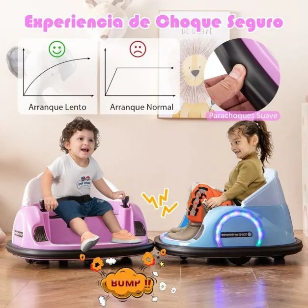 Carrinho de choque para crianças a bateria 6V com luzes LED, conexão sem fio, música e som, rotação de 360°, Rosa