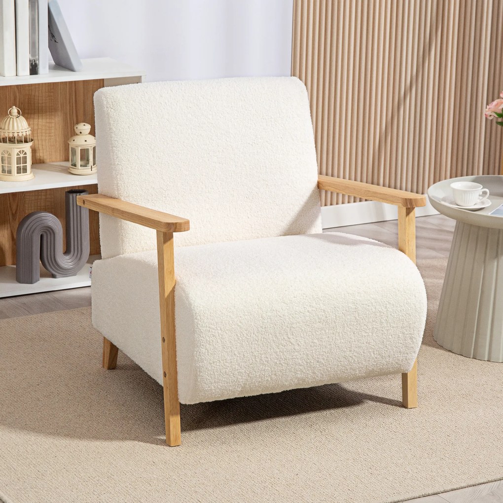Poltrona de sala, tecido com efeito de lã felpuda, estrutura em madeira maciça, cor creme