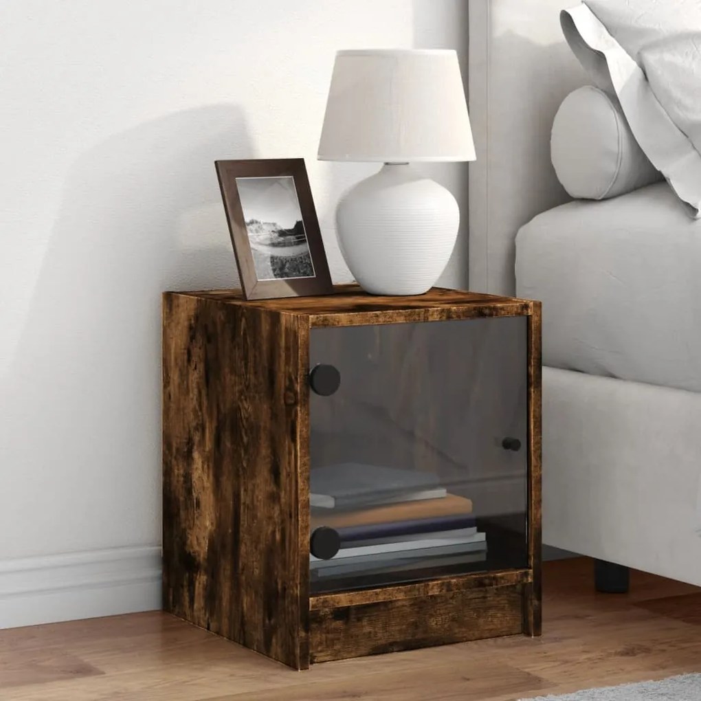 Mesa de cabeceira c/ porta de vidro 35x37x42 cm carvalho fumado