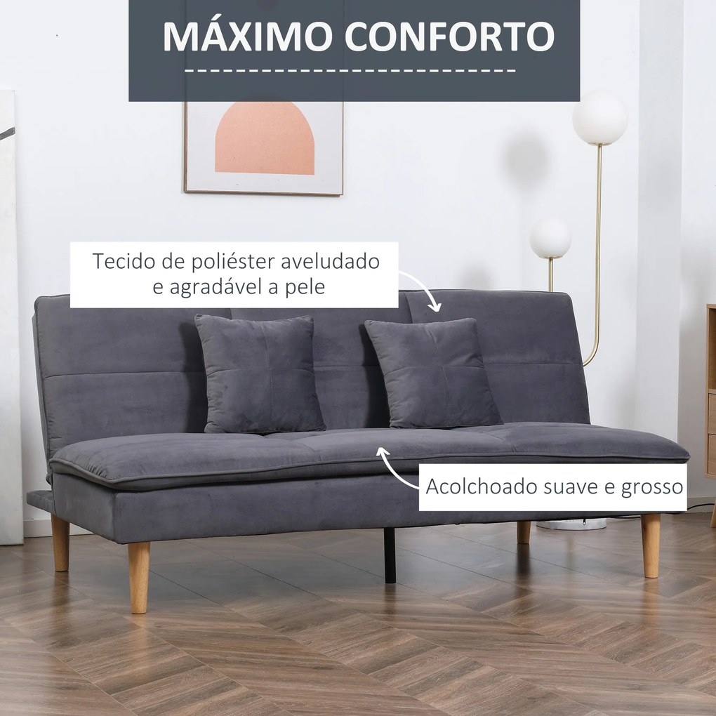 HOMCOM Sofá Cama de 3 Lugares Estofado em Flanela com Encosto Ajustável em 2 Posições 2 Almofadas e Pés de Madeira Sofá Moderno para Sala de Estar Escritório 181x92x84cm Cinza