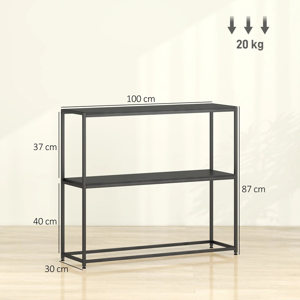 Mesa consola em aço com 2 prateleiras 100 x 30 x 87 cm, design moderno, para sala de estar, hall de entrada ou corredor preta