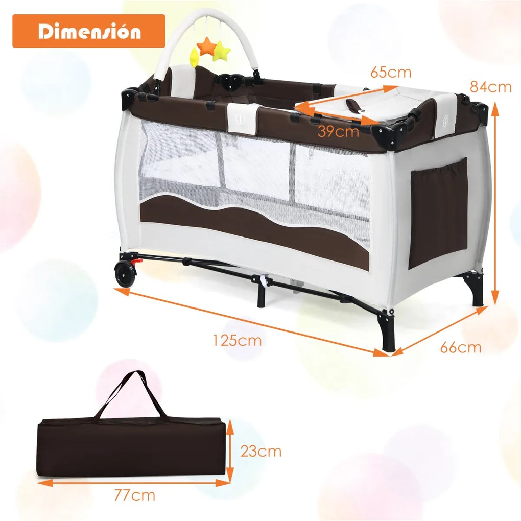 Parque Bebés 3 em 1 Berço cama de brincar para crianças com mudança de berço Colchão de actividades portátil e dobrável 125 x 66 x 84 cm Castanho