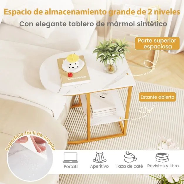 Mesa lateral moderna 60 x 40 x 60 cm em forma de C com tampo em mármore artificial e prateleira Branco + Dourado