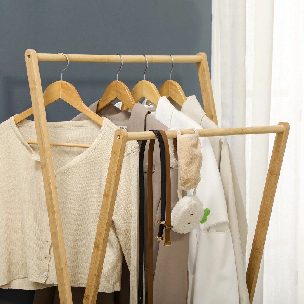 HOMCOM Suporte para Cabides de Bambu Porta Cabides com Prateleira para Sapatos 2 Barras e 2 Ganchos para Corredor Entrada Dormitório 74x42x150 cm Madeira