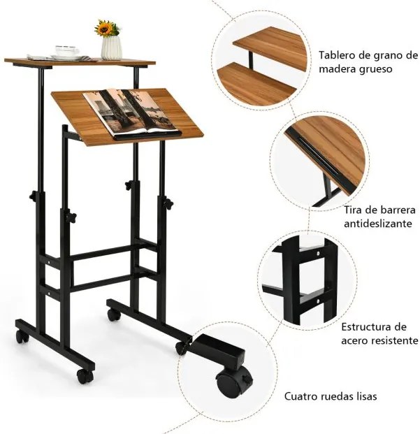 Mesa móvel para computador com rodas Mesa de pé e sentada ajustável em altura para escritório em casa cor nogueira e preto