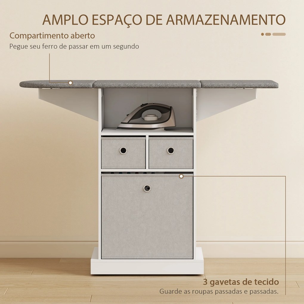 Móvel para Engomar Roupa com Rodas Tábua de Engomar Dobrável com 3 Gavetas Compartimento Aberto 121x37x89,5 cm Branco