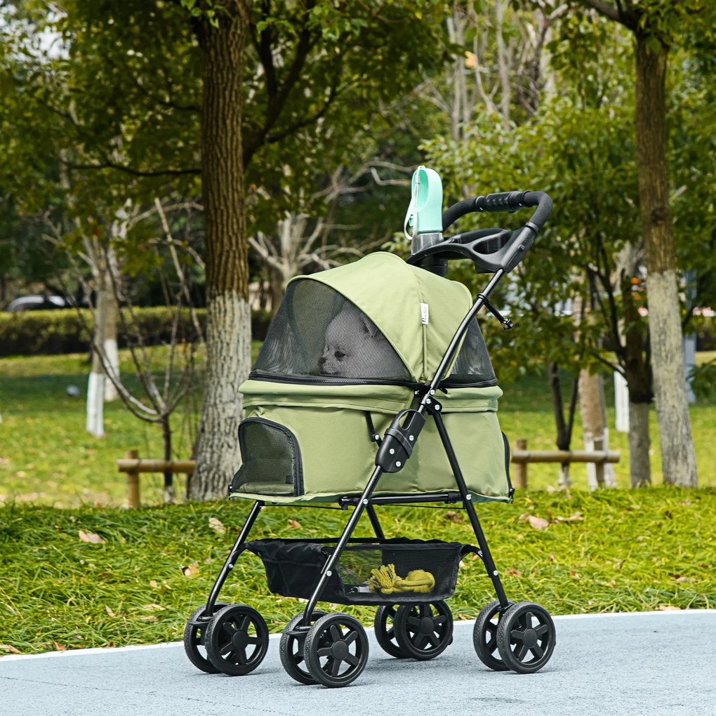 Carrinho de bebé dobrável para cães e gatos, com cesto de arrumação, porta-copos, tecido Oxford 300D impermeável, 4 rodas, verde