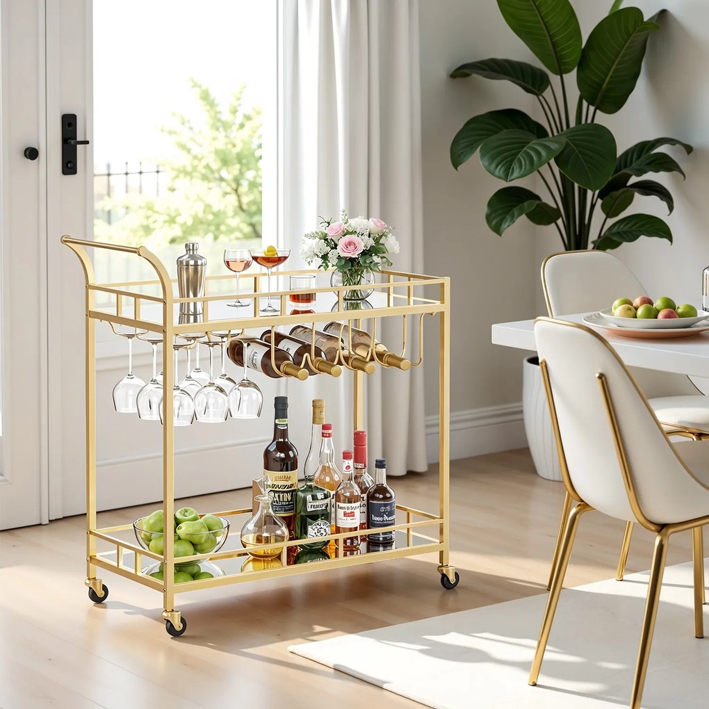 Carrinho de serviço de cozinha com rodas, suportes para copos 38 x 80 x 90 cm dourado