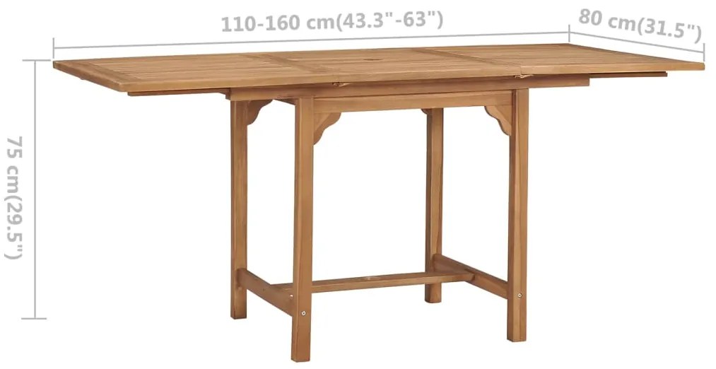 Mesa de jardim extensível (110-160)x80x75cm madeira teca maciça
