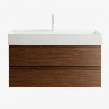Conjunto De Móvel De Casa De Banho Suspenso Em Madeira E Folha De Freixo Com Lavatório Integrado Ona Madeira Escura & Sem Espelho & - Sklum