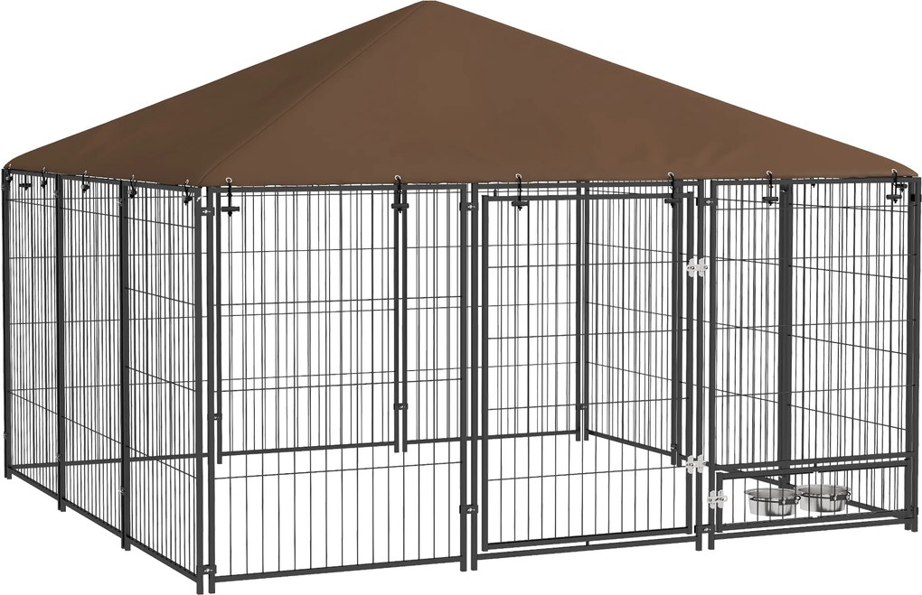 PawHut Parque para Cães com Toldo Canil para Exterior com Suporte Giratório para Comida 2 Tigelas 211x211x151 cm Preto Marrom | Aosom Portugal