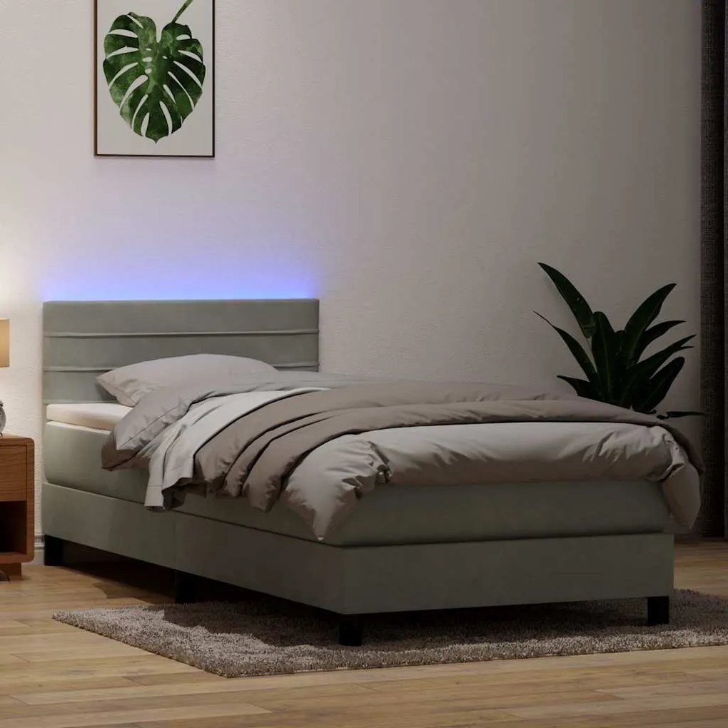 vidaXL Cama box spring c/ colchão e LED cinzento-claro 80x220 cm veludo