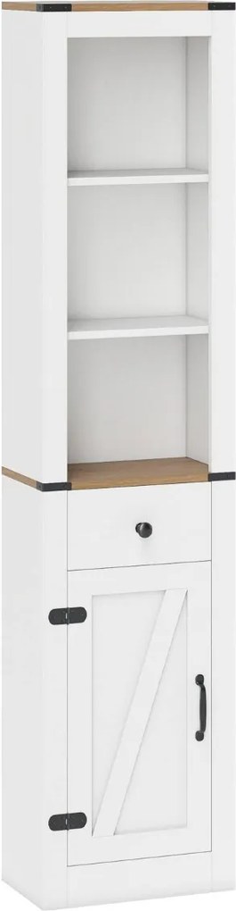 Armário casa de banho ou cozinha estreito 40 x 24 x 173 cm com porta de celeiro, gaveta e prateleira ajustável Branco