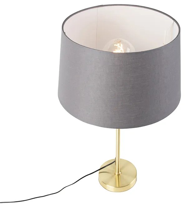 Candeeiro de mesa dourado/latão com abajur em linho cinzento 35 cm - Parte Country / Rústico