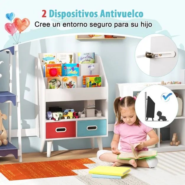 Estante de livros para crianças com prateleiras de 3 níveis e 2 gavetas dobráveis Organizador de brinquedos Branca