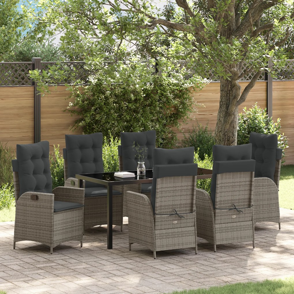 vidaXL Conjunto de Jantar de Jardim 7 Peças com Almofadas Cinza Rattan Poliéster