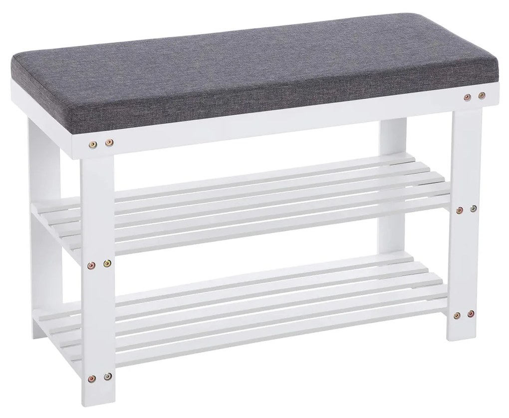 Banco de sapatos de bambu SONGMICS, sapateira de 2 níveis, organizador de sapatos estável para entrada, sala de estar, assento de banco suporta até 150 kg, 71 x 29 x 49 cm, branco e cinza LBS604W01