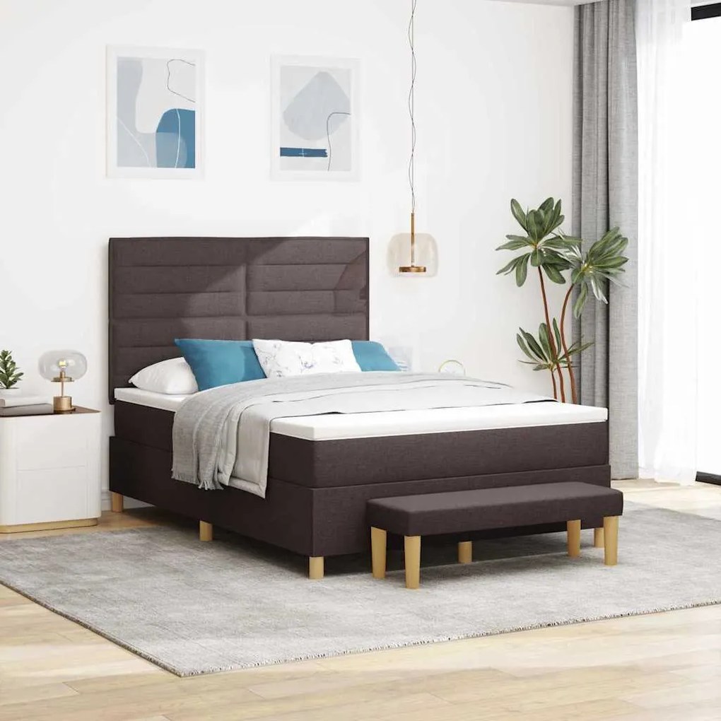 Cama Box Spring com Colchão &amp; Banco Marrom Escuro 140x200 cm Tecido