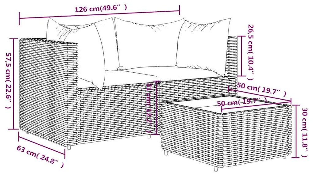 3 pcs conjunto lounge de jardim c/ almofadões vime PE cinzento