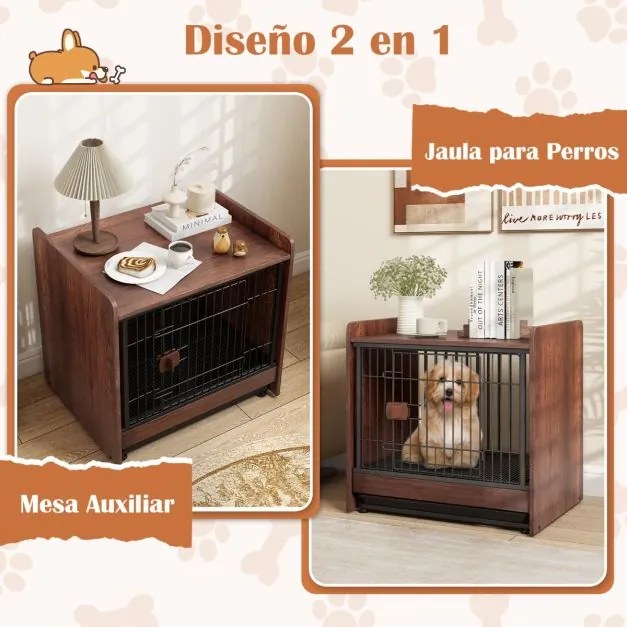 Gaiola de madeira para cães com tabuleiro amovível e porta com fechadura para cães pequenos e médios 62×49,5×61 cm Castanho