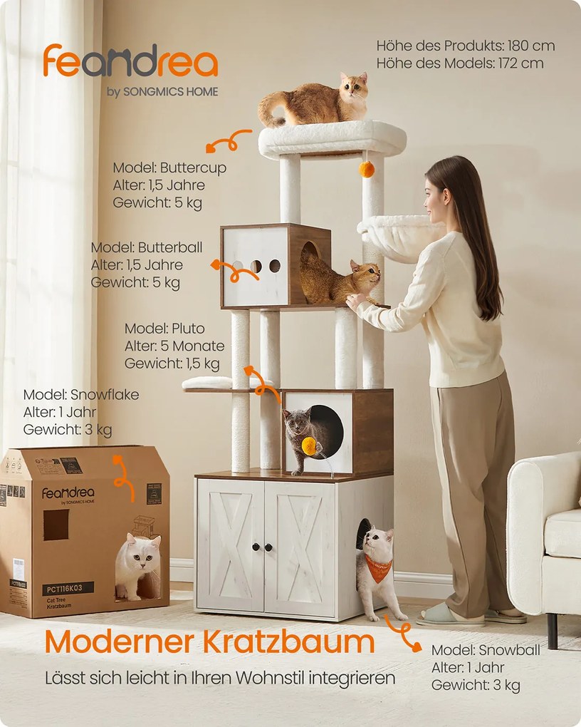 Arranhador para gatos 2 em 1 com armário para caixa de areia, 180 cm de altura, castanho mel e branco vintage