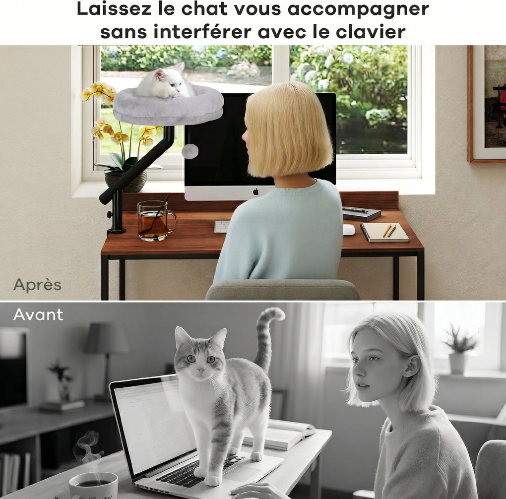 Cama de secretária para gatos com rotação de 360° e altura ajustável, cama para gatos lavável com bola de brincar, 35 x 35 x 48 cm, cinzento