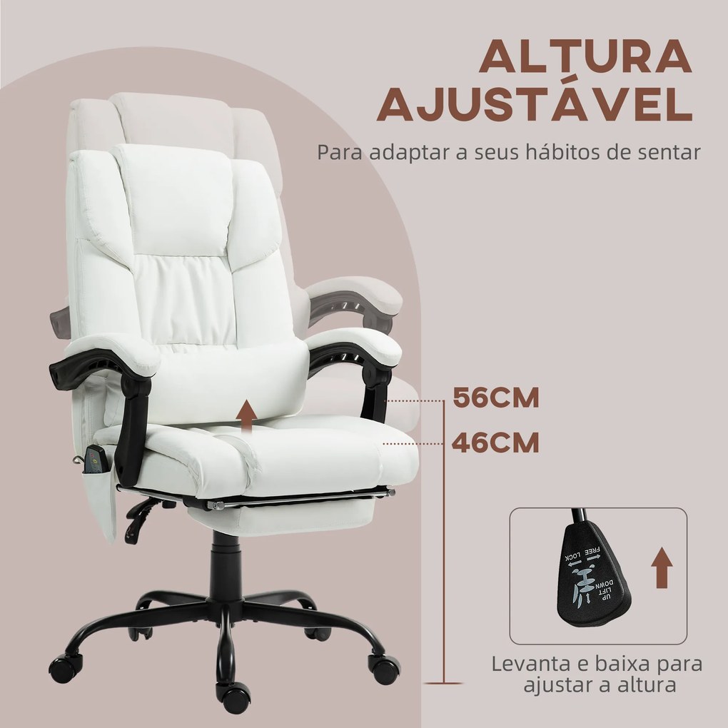 Cadeira de Escritório com Massagem de 6 Pontos Encosto Alto Reclinável Apoio para Pés e Controlo Remoto 66x75x112-122 cm Branco