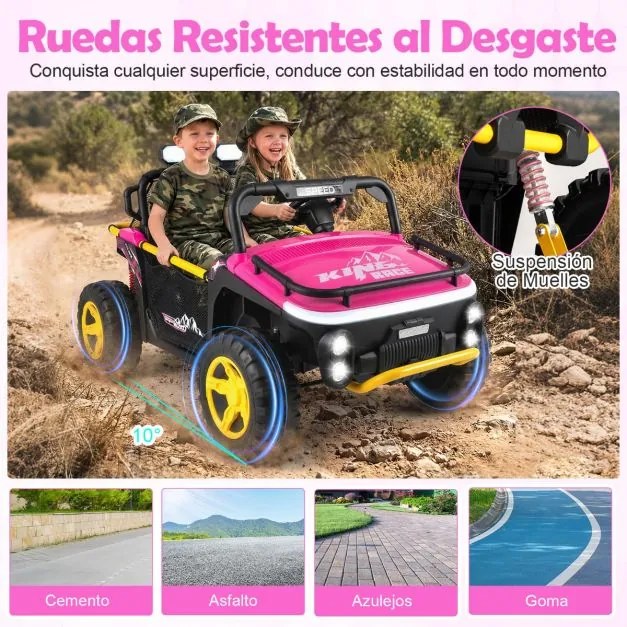 Carro elétrico para crianças 24V 2 lugares com controle remoto, música, luzes e conexão sem fio, buzina Rosa